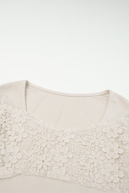 Beige Lace Crochet V Neck Long Sleeve Top