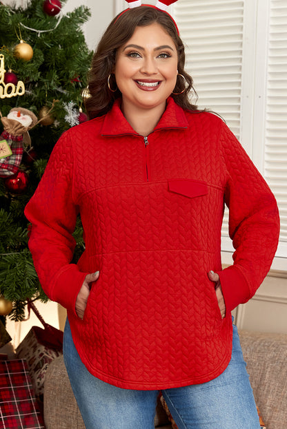 Tomatenrode kabel textuur kwartier zip zak met plus size pullover