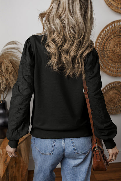 Black Textured Patchwork Round Neck Sweatshirt