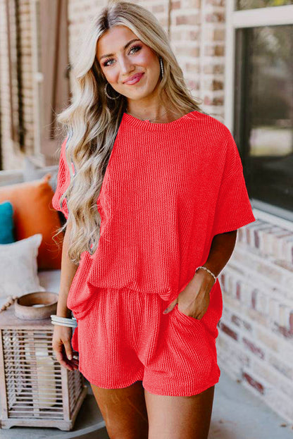 Ribbed Textured Knit Loose Fit Tee and Shorts Set