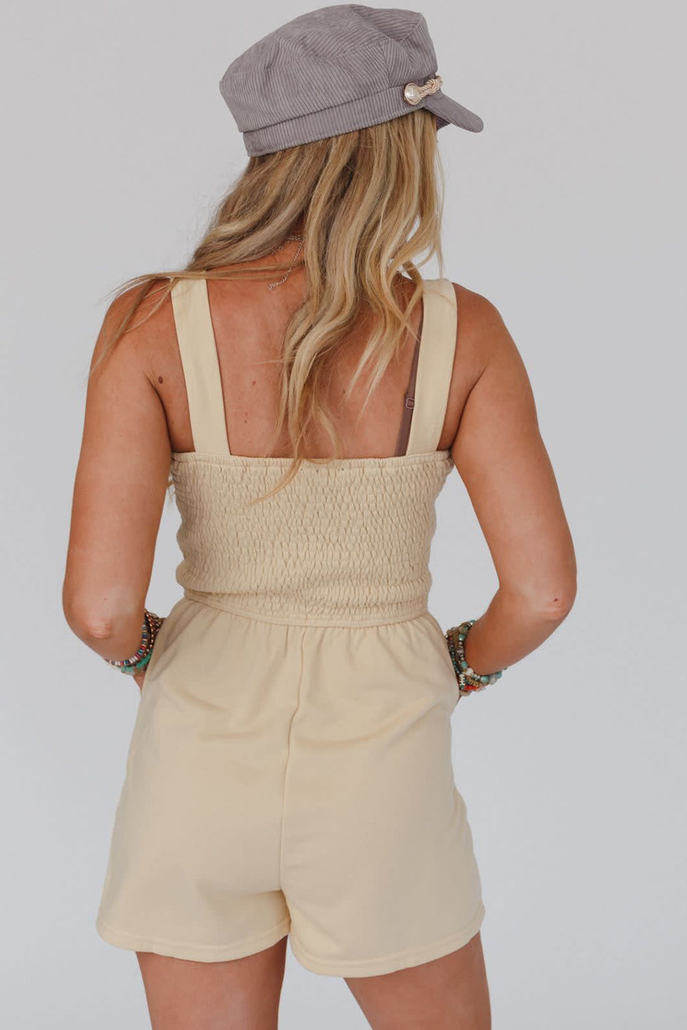 Beige Buttons Smocked Sleeveless Romper