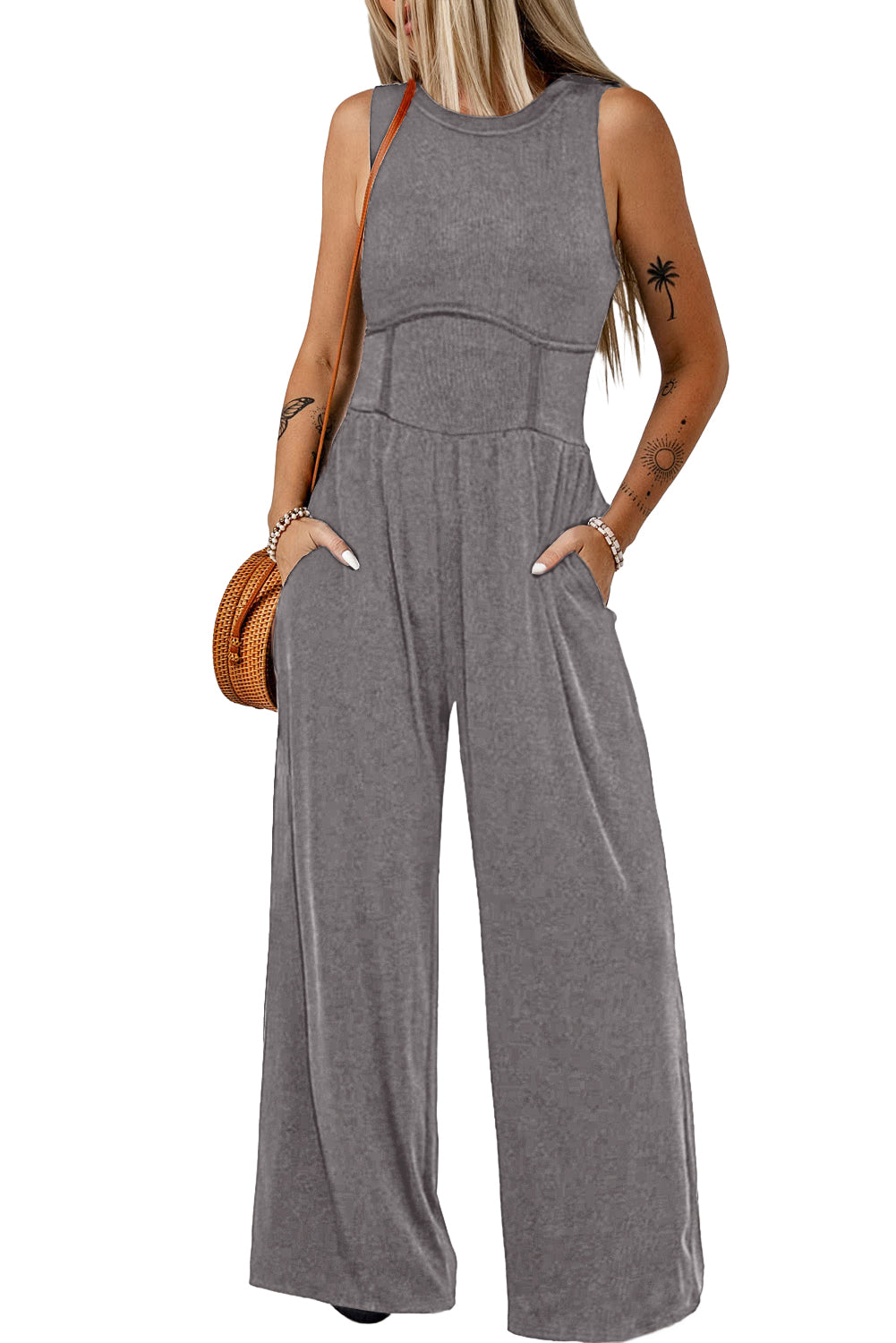 Middelgrijze, mouwloze jumpsuit met wijde pijpen en geplooide taille