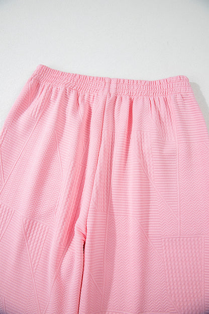 Pink Textured Pearled Ruffled Sleeve Wide Leg Pants Set