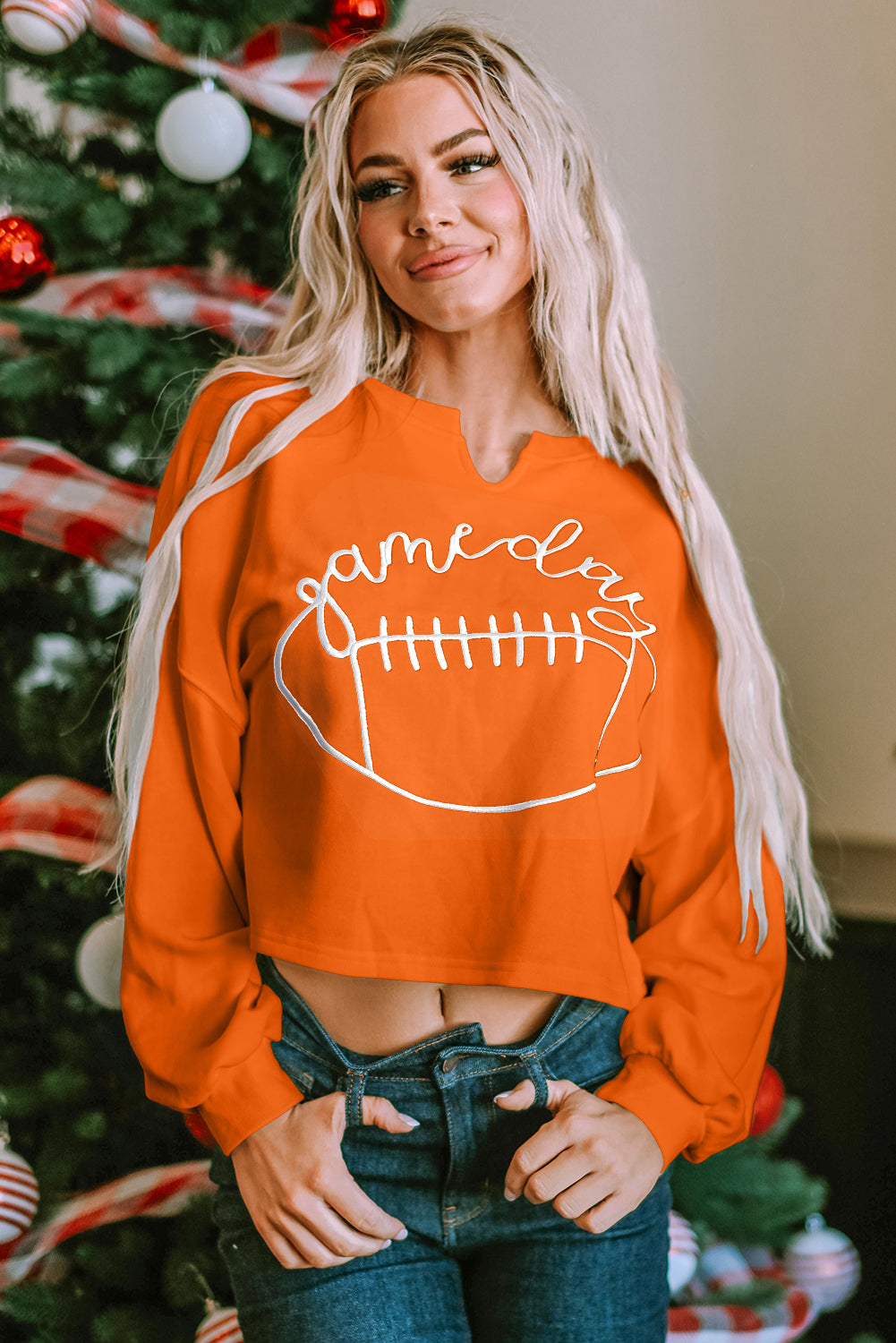 Oranje Game Day-sweatshirt met rugbyvoetbal en ingekerfde hals