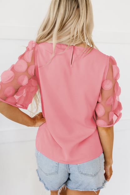 Stoffige roze contrasterende appliqué mesh blouse met halve mouwen