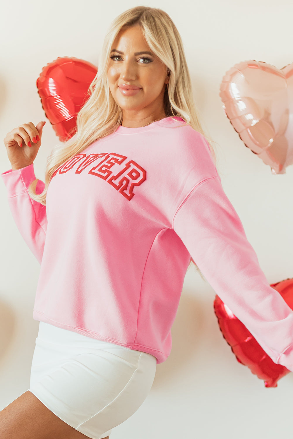 Roze LOVER Bladerdeegprint Pullover-sweatshirt met verlaagde schouder