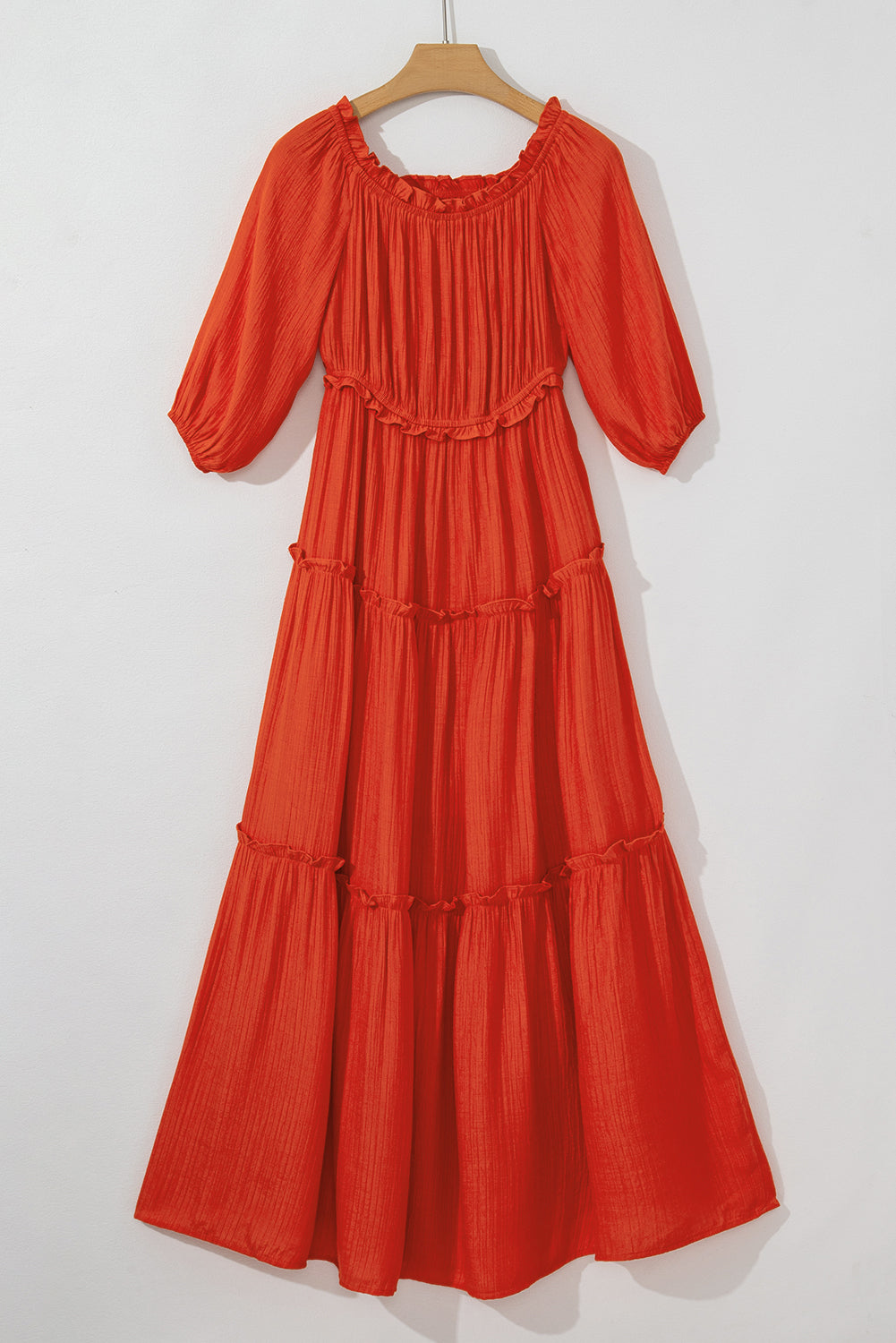 Oranje off-shoulder ballonmouwen uitgesneden maxi-jurk met ruches