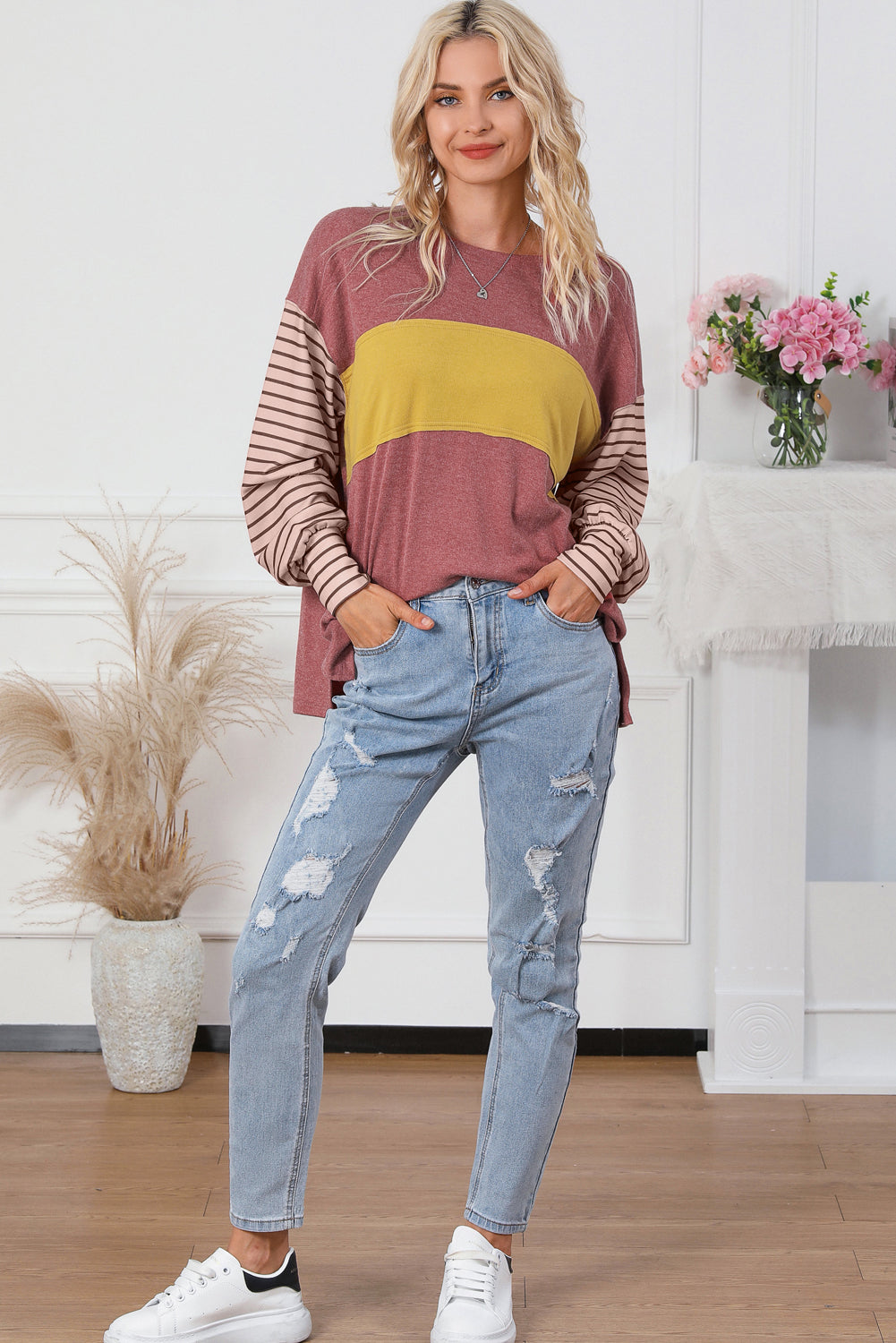 Fiery Red Colorblock Striped Bishop Sleeve Top