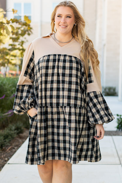 Zwart plaid wafel gebreide patchwork collared v nek plus size mini jurk