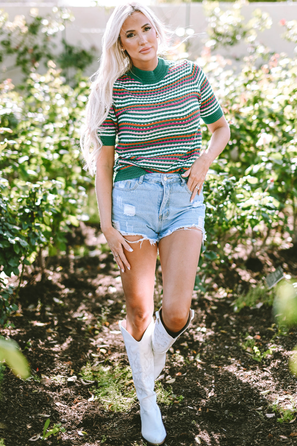 Dark Green Striped Pattern Contrast Trim Pointelle Knit T Shirt