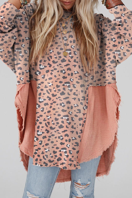 Roze ruwe rand luipaard patchwork oversized blouse