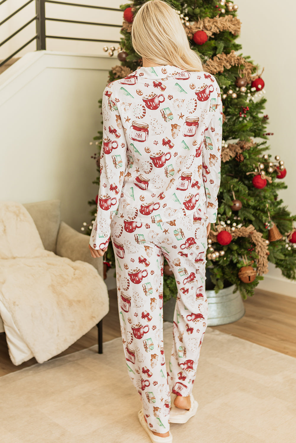 Wit kerstpatroon met lange mouwen en broek pyjama set