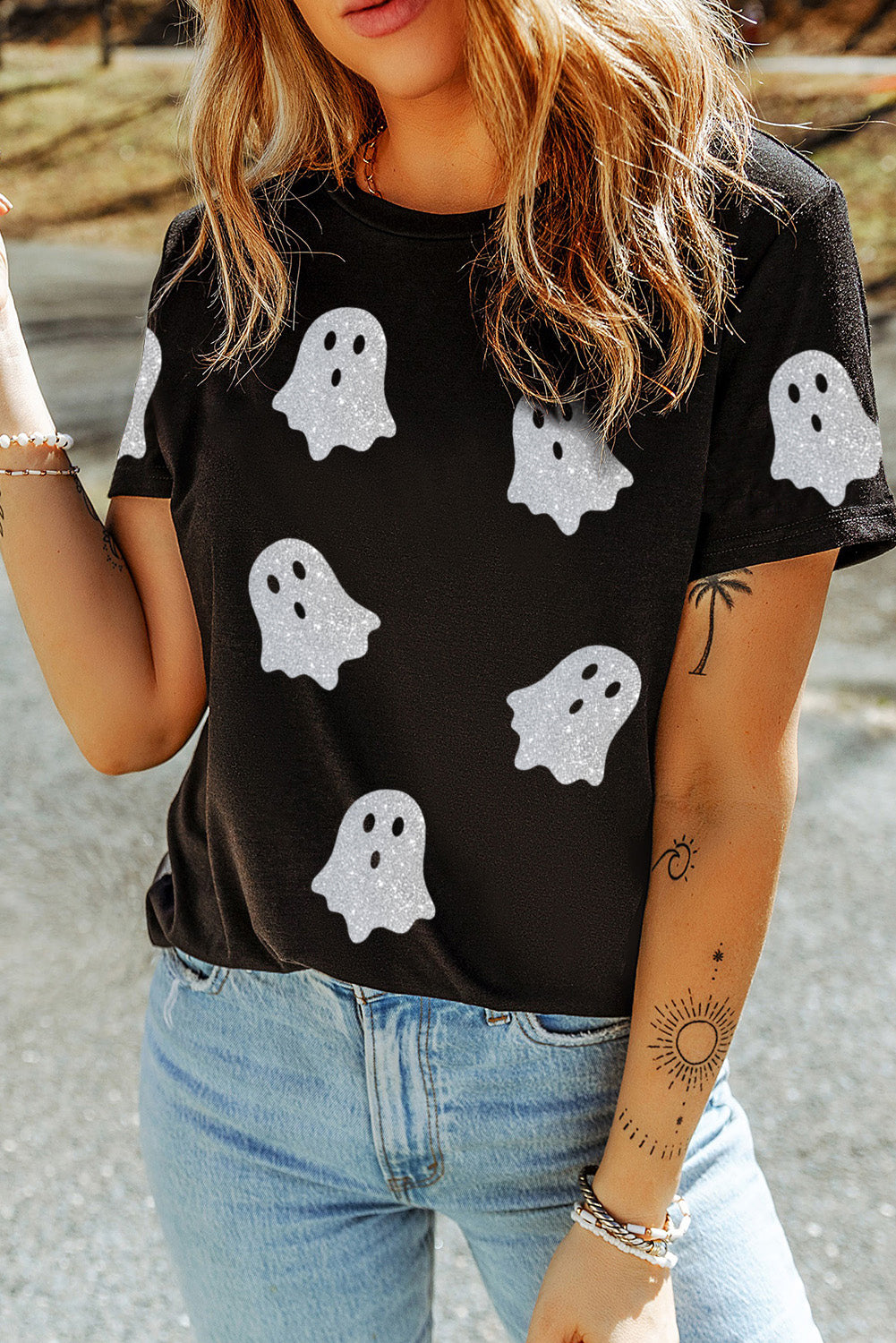 Black Glitter Ghost Patroon Crew Neck Halloween T -shirt