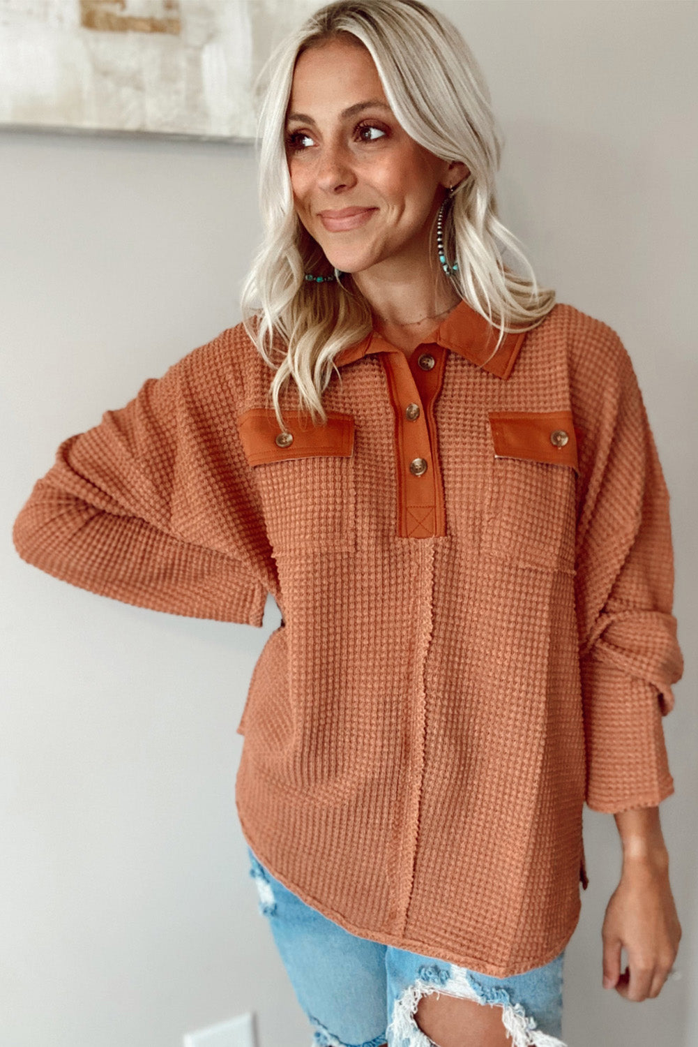 Brown Waffle Knit Button Contrast Trim Long Sleeve Top