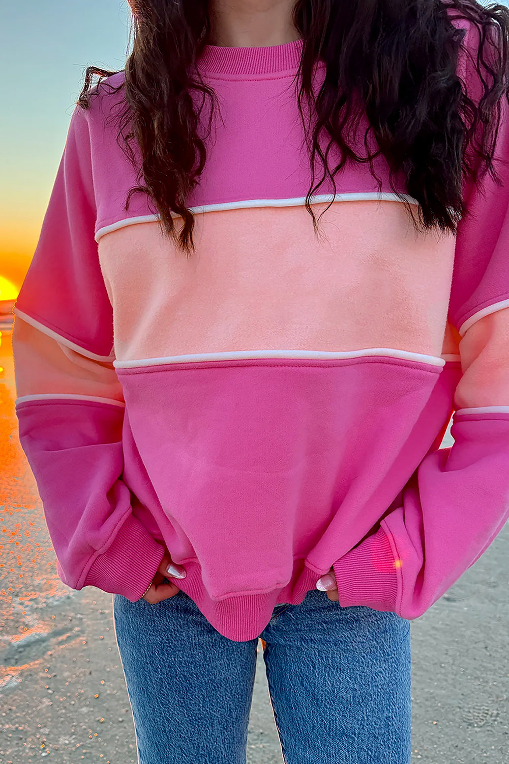 Sachet Roze Colorblock Patchwork Drop Shoulder Geribbelde Afwerking Sweatshirt