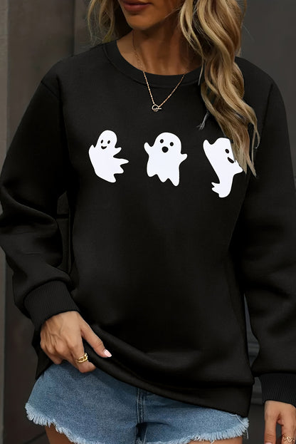 Zwarte Halloween Ghosts Print Ronde Hals Sweatshirt