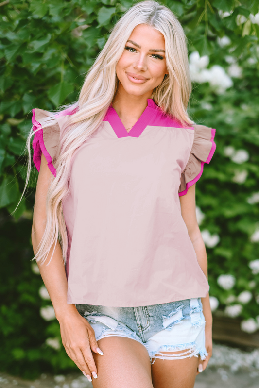 Roze colorblock blouse met ruches aan de mouwen en V-hals