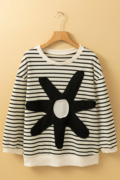 Black white Striped Big Flower Patched 3/4 Sleeve Top