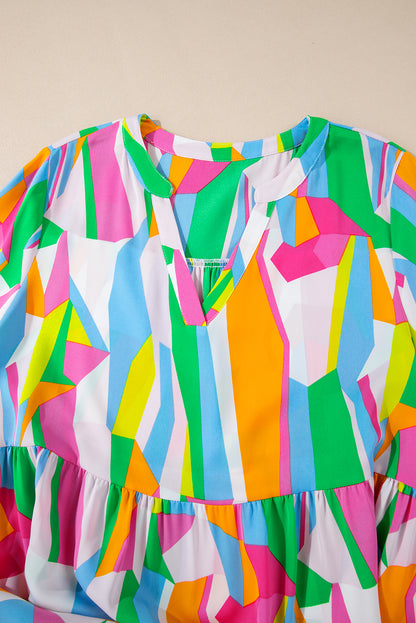 Multicolour plus -size levendige abstracte print gelaagde gegolfde mini -jurk