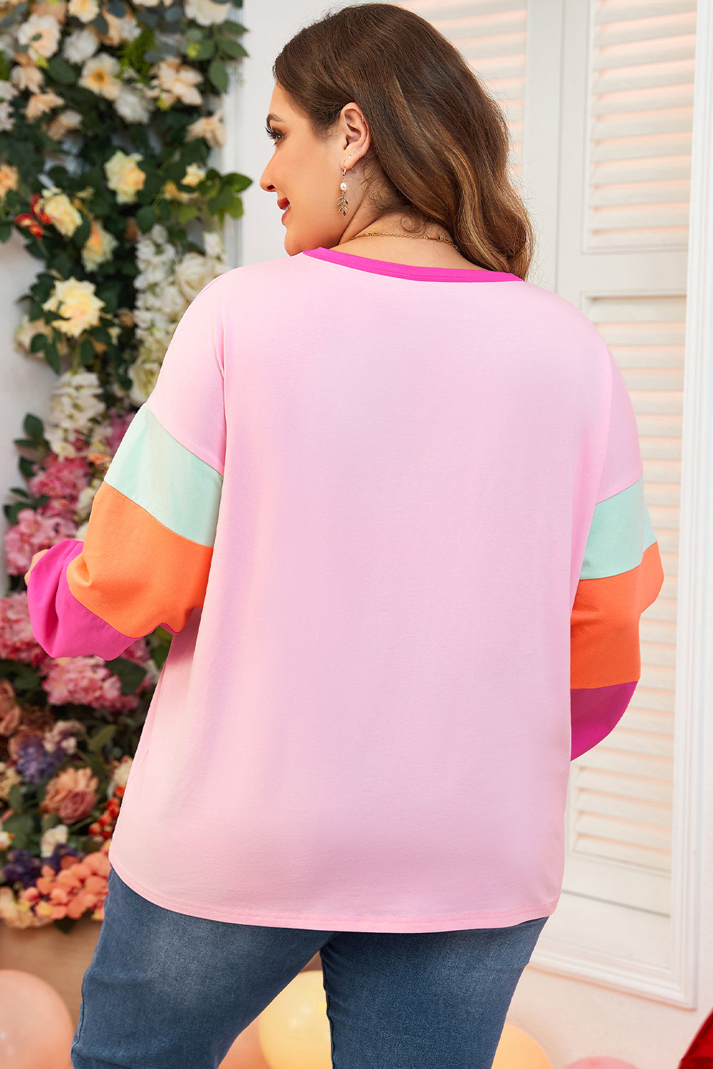 Roze Colorblock Patchwork Lange Mouw Plus Size Top