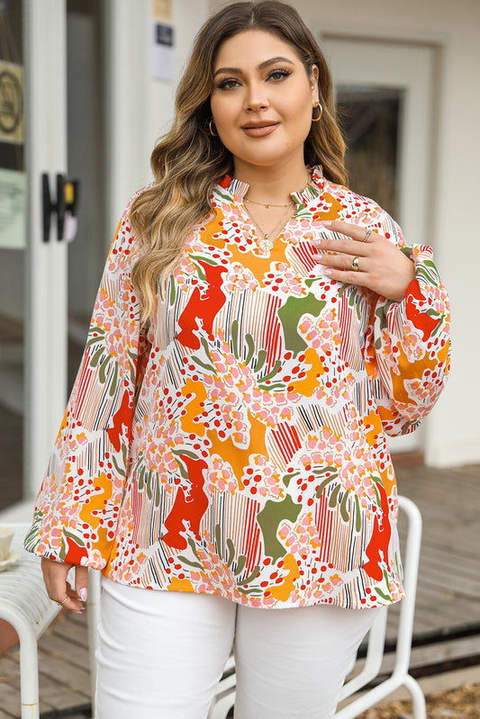 Oranje bedrukte bloemen-abstracte print met ruches en V-hals, grote maat blouse