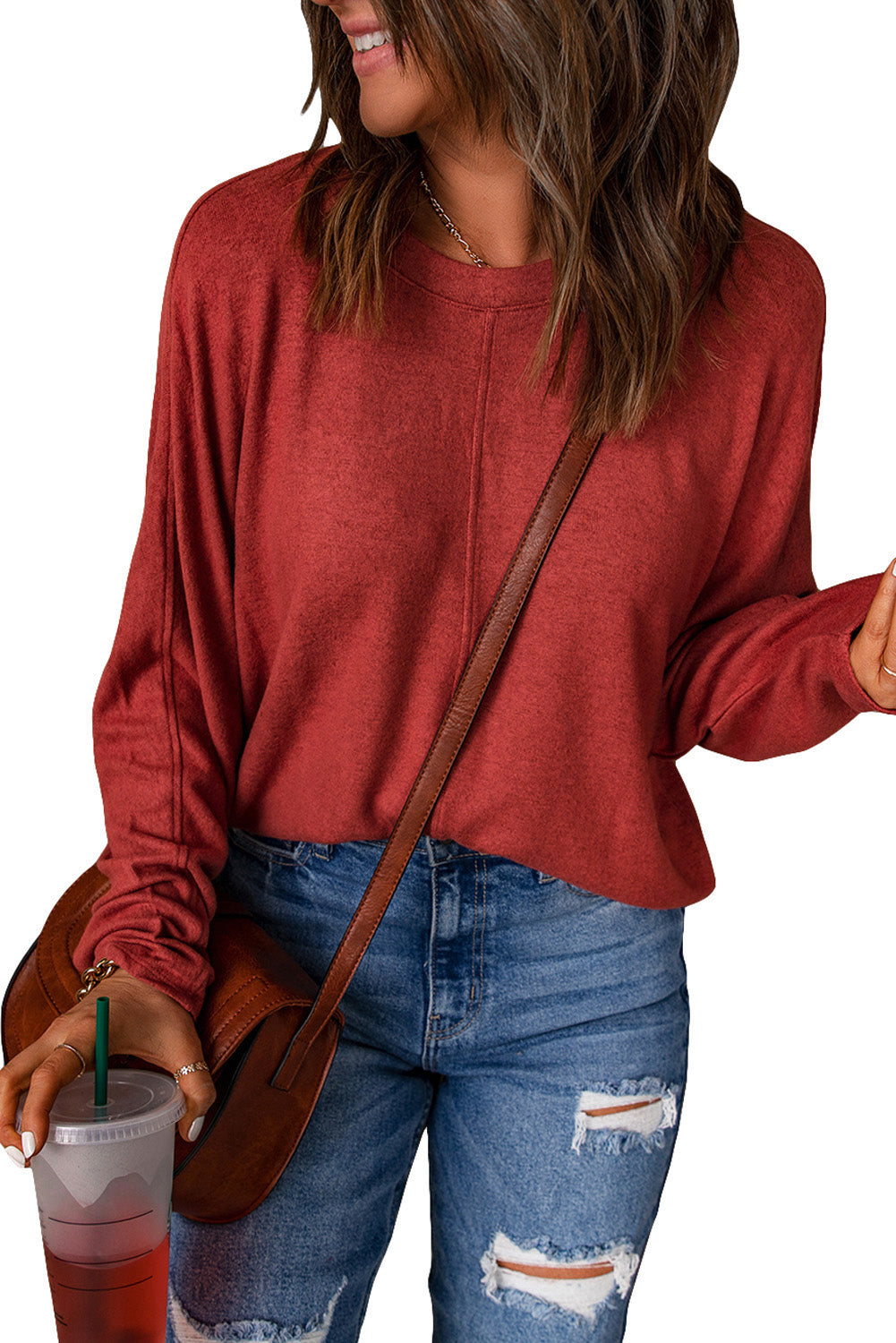 Red Solid Color Patchwork Long Sleeve Top