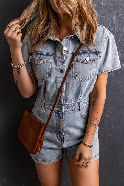 Lichtblauwe vintage gewassen knopen denim romper met zakken