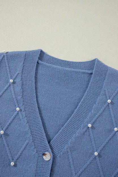 Myosotis Textured Knit Pearl Beaded Button Up Cardigan