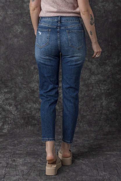 Blauwe noodlijdende skinny jeans met hoge taille en knoopsluiting