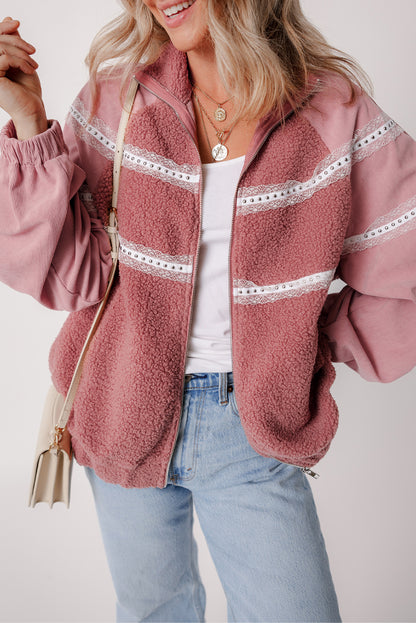 Roze sherpa patchwork kanten elastische manchetten ritsjack