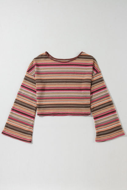 Rozerood etnisch gestreepte, wijde cropped top met lange mouwen