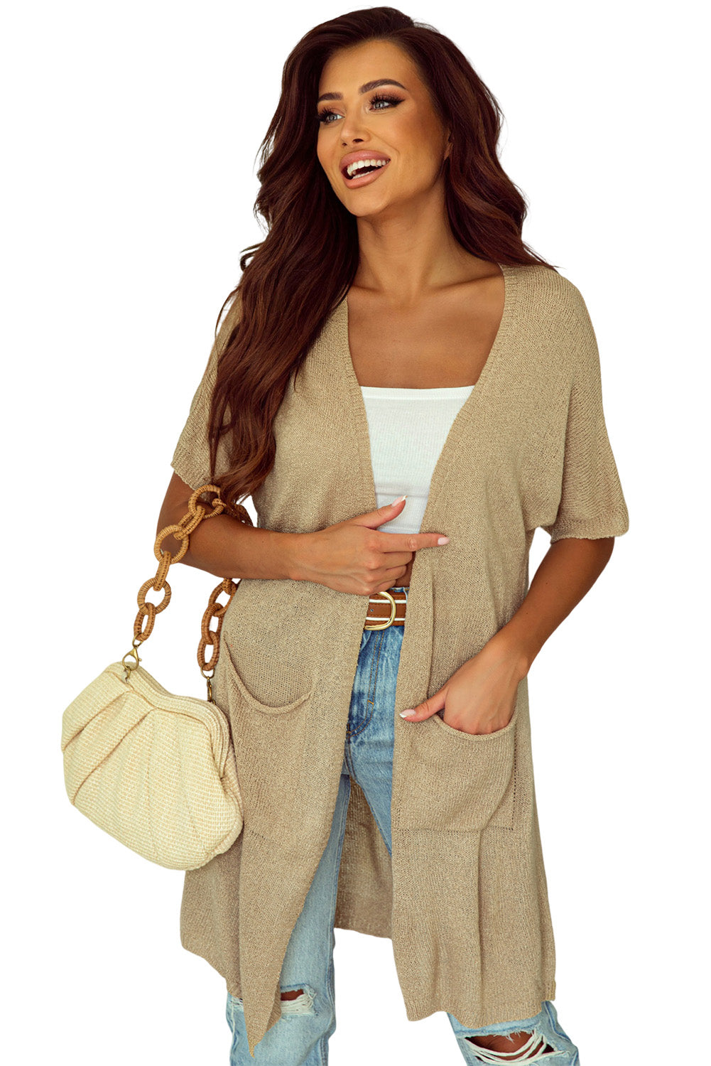 Khaki Dolman Half Sleeve Pocketed Long Cardigan