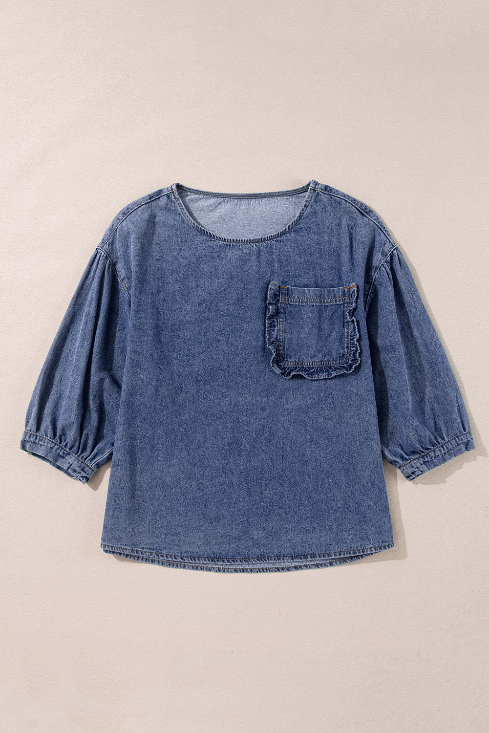 Hemelsblauwe 3/4-mouw gerimpelde denim blouse met opgestikte zakken