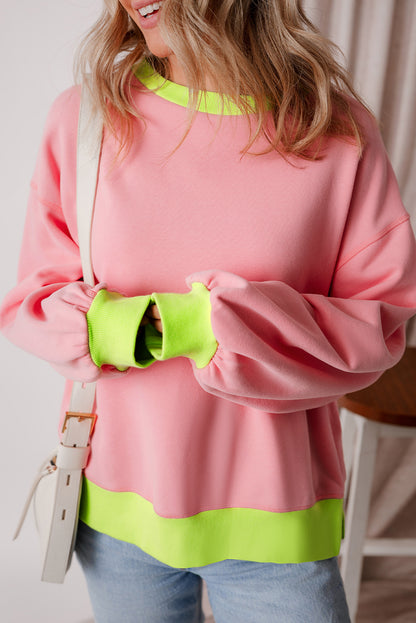 Pink Colorblock Bubble Sleeve Sweatshirt