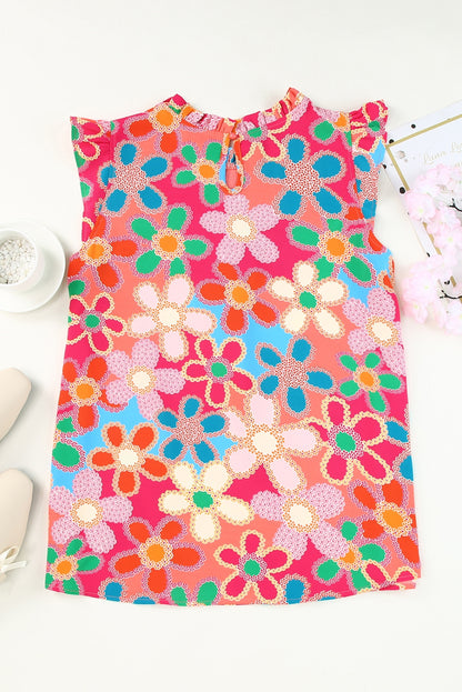 Roze geborduurde tanktop met bloemenprint en ruches