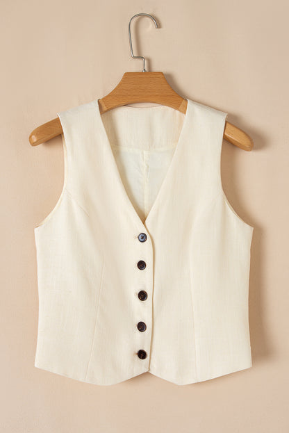 White Slim Fit Buttoned V Neck Vest