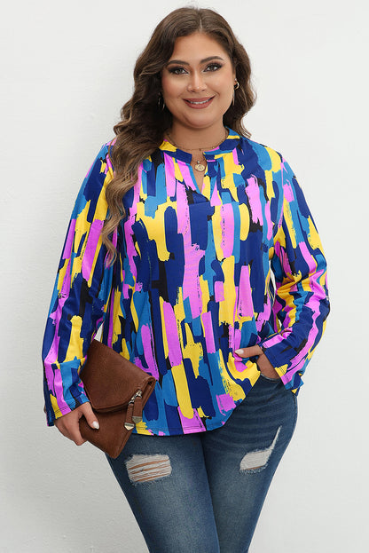 Blauwe grote maat blouse met penseelstreekprint en 3/4 mouwen