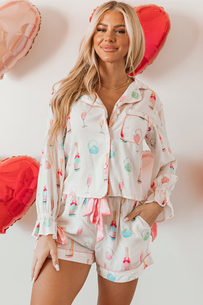 Witte kerstwijn glazen print boog knoop tweedelig pyjama set