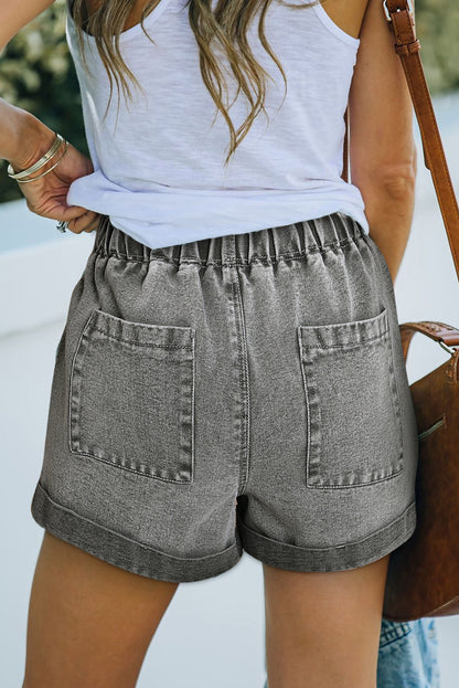 Grijze denim shorts met trekkoord en hoge taille