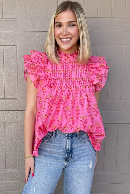 Rose Red Floral Print Pleated Ruffled Flutter Sleeve Blouse