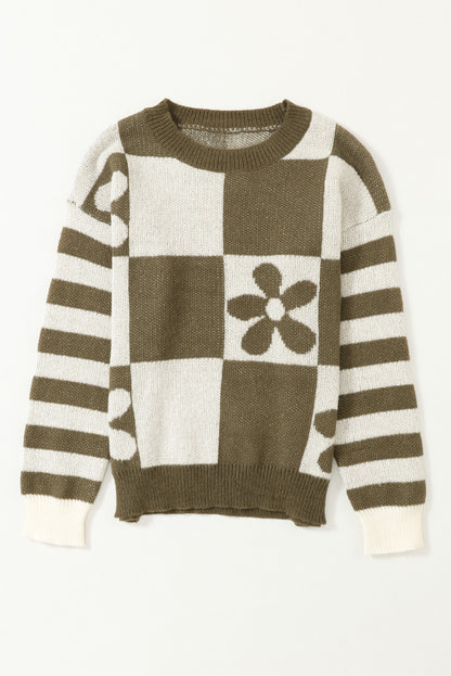 Green Checkered Floral Print Striped Sleeve Sweater