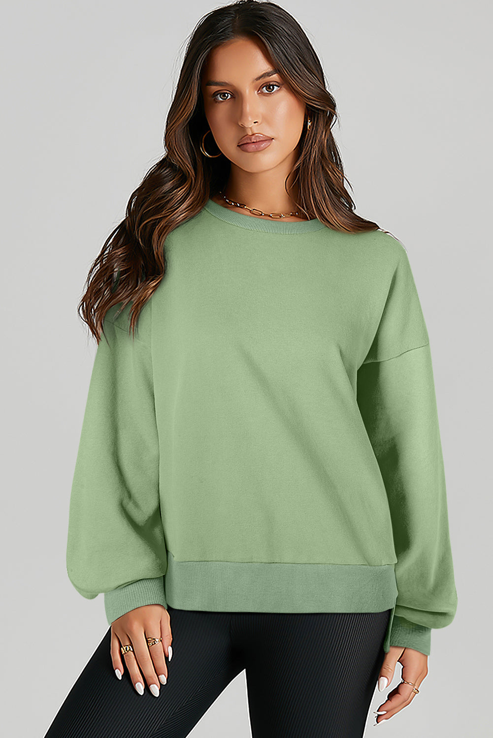 Grass Green Solid Fleece Lined Drop Shoulder High Low Sweatshirt