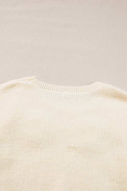 Beige Knitted Flower Pattern Ribbed Edge Sweater