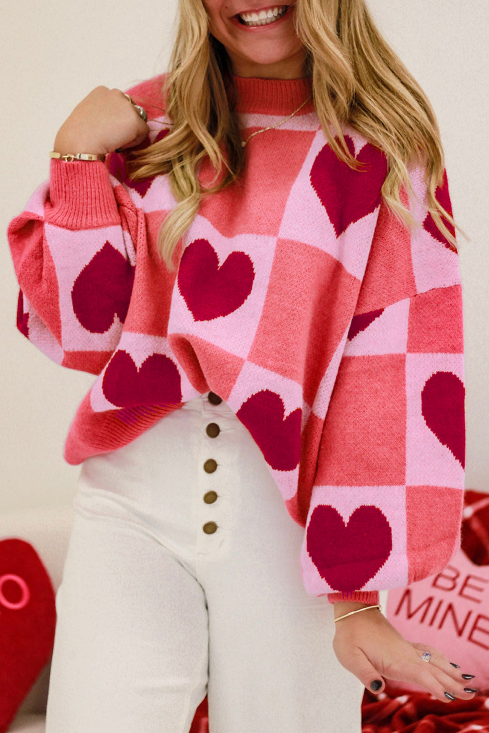 Roze plus size love heartblock mock nek lantaarn mouw valentine trui