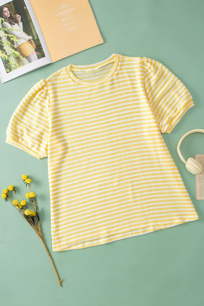 Yellow Stripe Short Puff Sleeve Plus Size Jumper