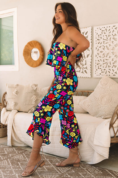 Roodmix strapless jumpsuit met ruches en tropische print