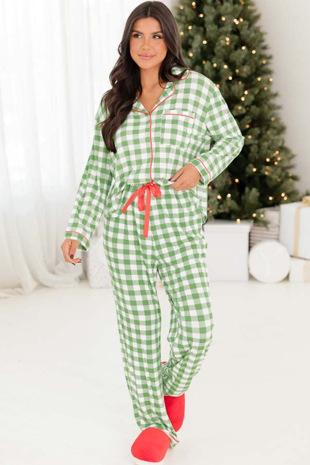 Lichtgroene kerst geruite print shirt en broek pyjamaset