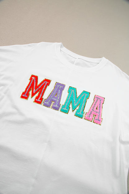 White MAMA Chenille Patched Crew Neck T Shirt