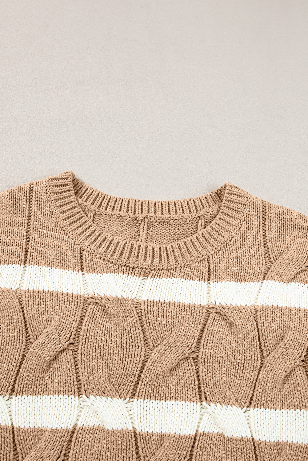 Dark Khaki Striped Cable Short Sleeve Sweater