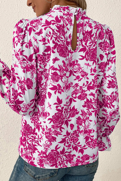 Rose Floral Print Flounce Sleeve Keyhole Back Blouse